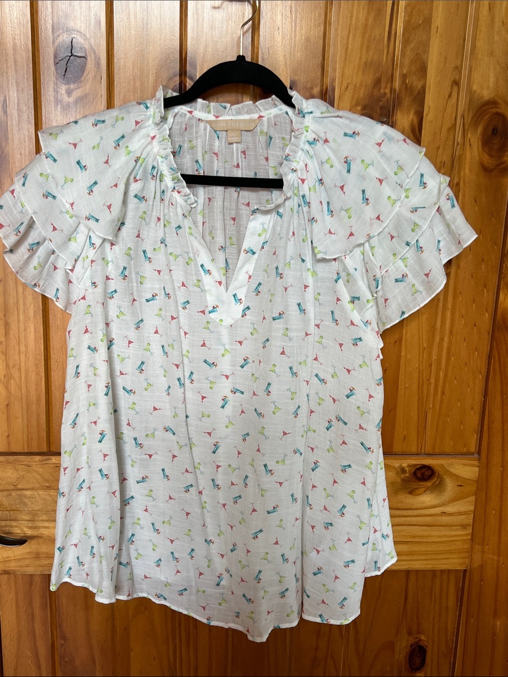 White Ruffle-Sleeve Blouse with Multicolor Cocktail Print